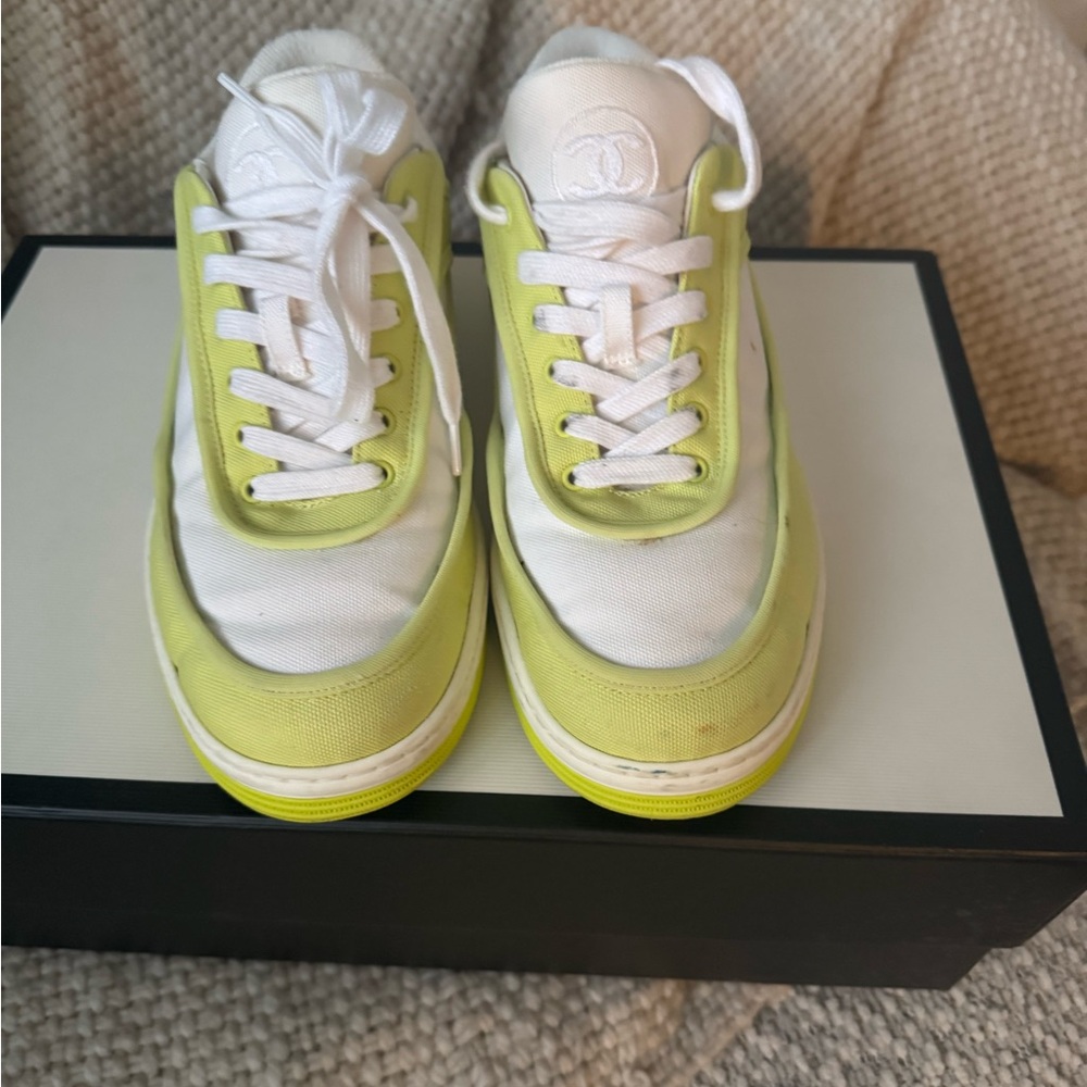 Chanel Fabric Womens Logo Sneakers 37.5 Yellow White - Picture 2 of 12